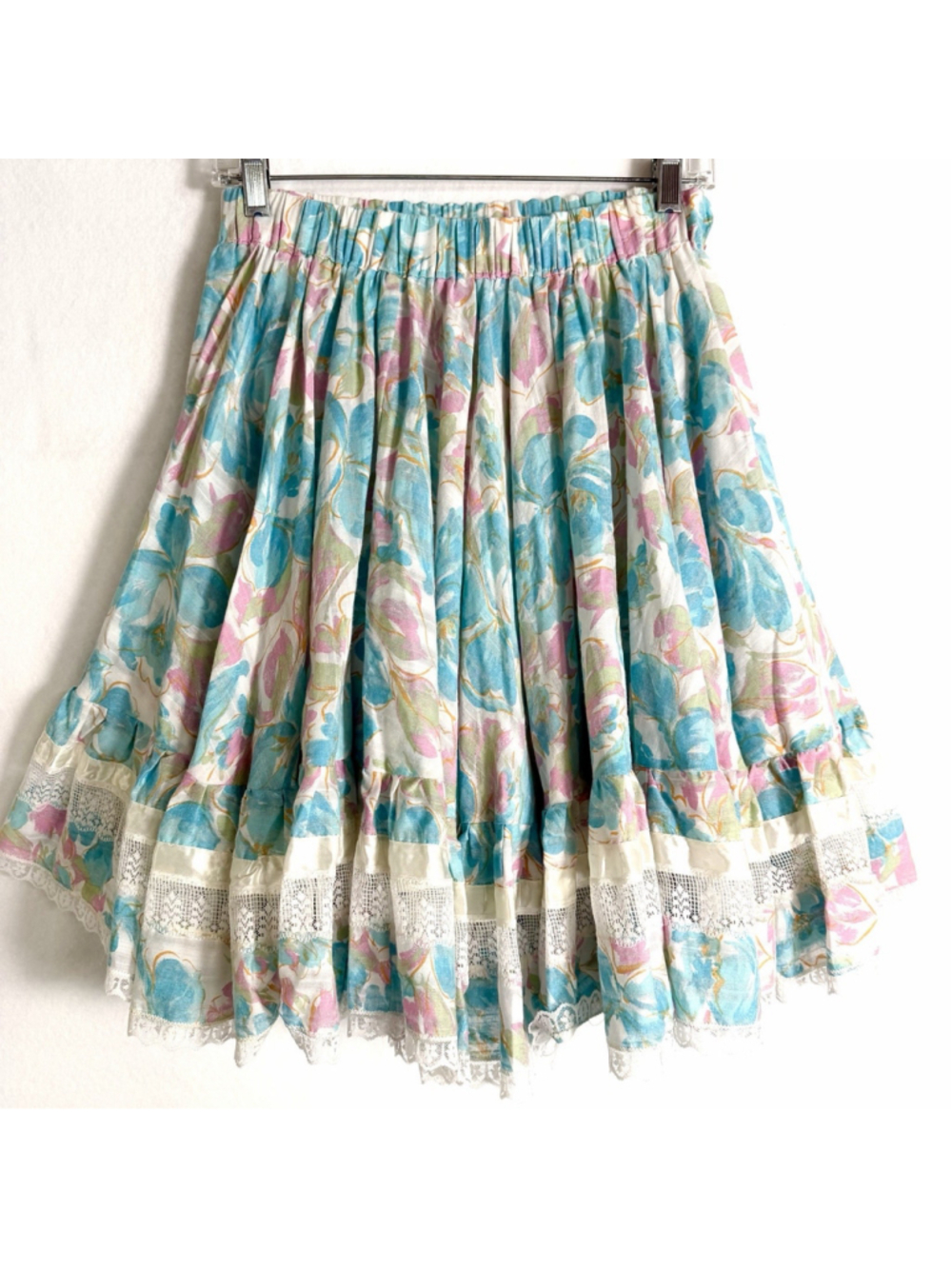 Vintage Handmade Floral Lace Prairie Skirt Full Tiered Ruffles Elastic Waist OS